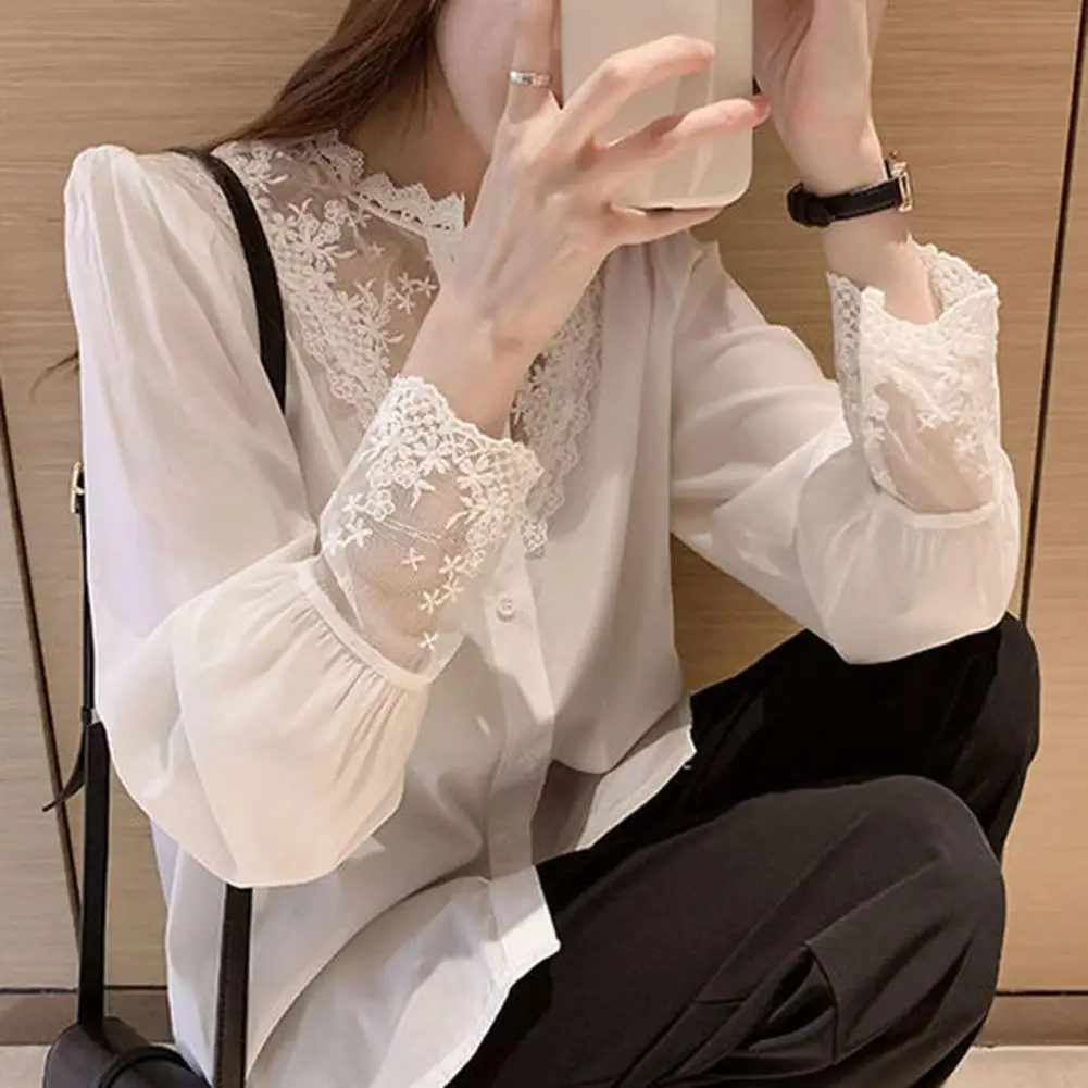 

Women Shirt Lightweight Women Top Floral Embroidered Lace Patchwork Women's Shirt Elegant Stand Collar Soft Spring-fall for Ol