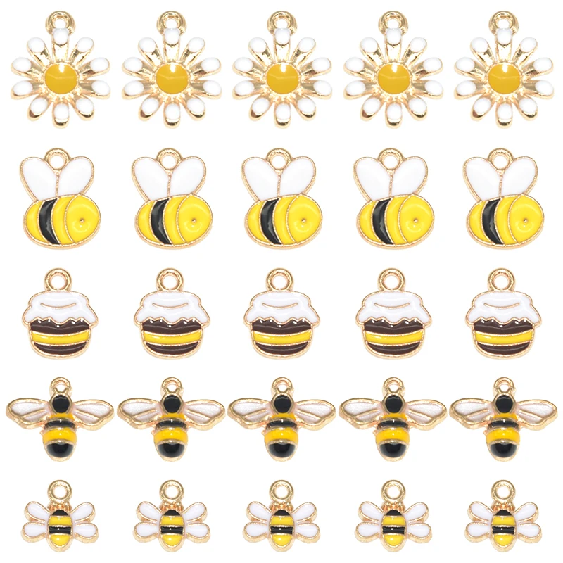 

10pcs Golden Plated Enamel Honey Bee Flower Charms Alloy Metal Mixed Pendants For DIY Necklace Bracelet Earrings Jewelry Making