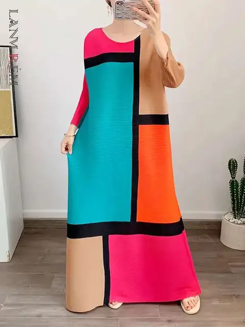 LANMREM Round Neck Pleated Dress For Women Color Block Long Sleeves Loose A-line Dresses Printed Female Clothing Tide 2YA946