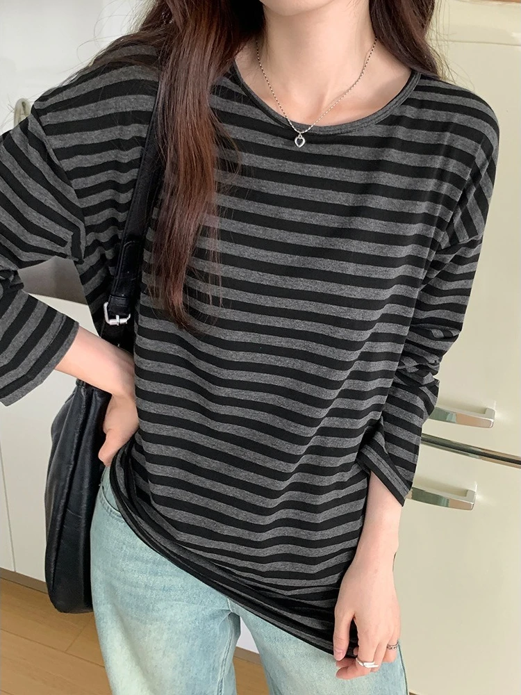 Autumn Women Harajuku Striped T Shirt Femme Streetwear Long Sleeve O-Neck Casual Oversize Top Black Grey Loose Street Tops Y2K