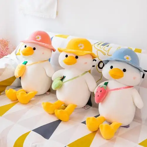 

30cm Cute Go To School Duck Plush Stuffed Toys Cartoon Yellow Duck with Hat Bow Tie Soft Baby Doll Birthday Gift for Children