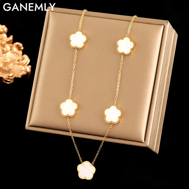 GANEMLY 316L Stainless Steel White Five Leaf Flower Necklace For Women Fashion Waterproof Clover Neck Chain Jewelry Collar Gift 1