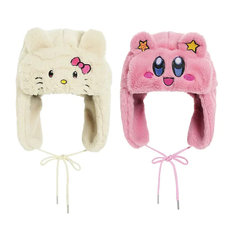 

Милая мультяшная плюшевая шапка Hellokittys утепленная аниме кавайная холодная шапка вышитая уличная купольная теплая защита ушей для девочек
