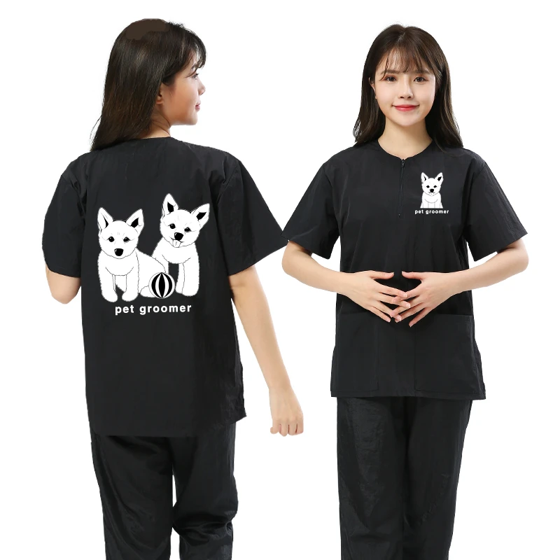 Pet Dog Grooming Clothing Short Sleeve Tops Pet Shop Uniforms Anti Hair Apron Anti Static Smock Breathable Work Clothes Y0930 5