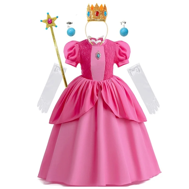 

Peach Princess Cosplay Dress Girl Game Role Playing Costume Birthday Party Stage Performace Kids Clothes Carnival Fancy Dress Up
