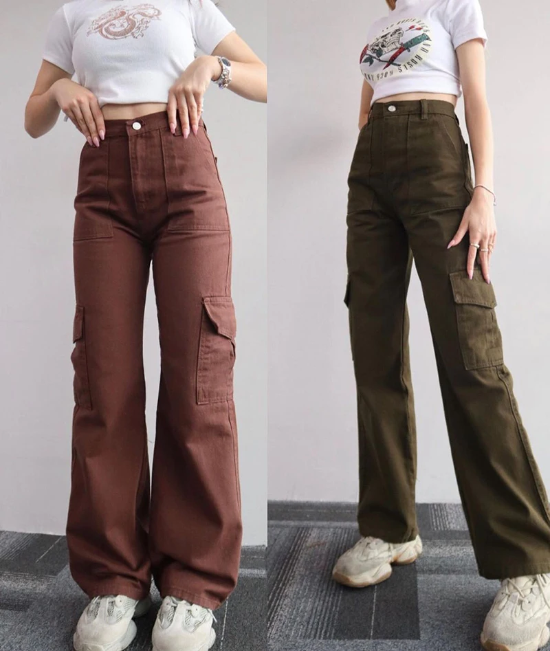 Casual New Summer Korean Style Multi-Pocket Cargo Pants Women Loose Straight Trousers Denim Baggy Pants Pantalon Femme Clothing