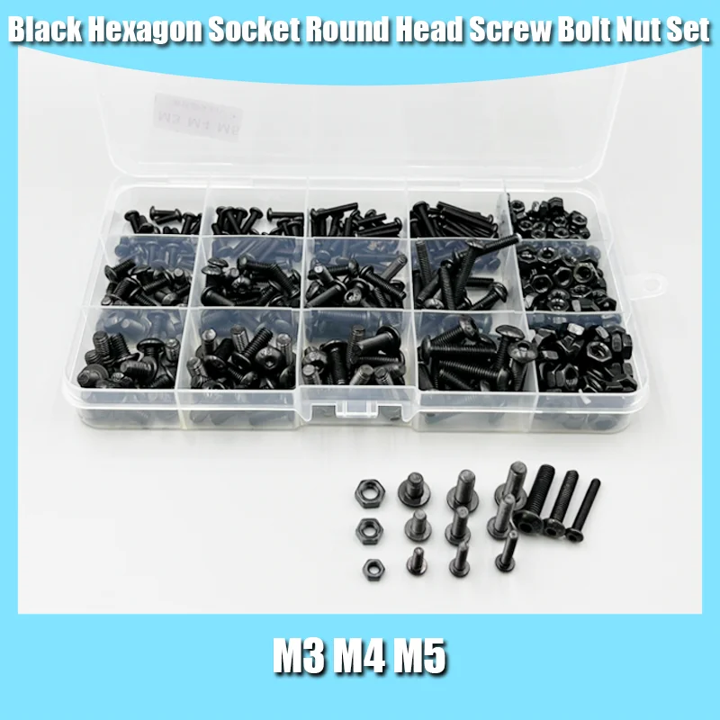 

431pcs M3 M4 M5 Hex Socket Round Head Black 10.9 Grade Steel Allen Hexagon Socket Pan Head Screw Bolt Nut Set Assortment Kit