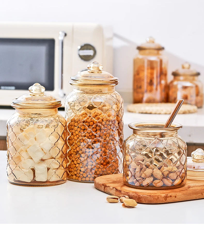 Creative Grid Glass Storage Jar Amber Sealed Glass Bottle Grain Food Storage Container Home Biscuits Candy Jar Home Decoration
