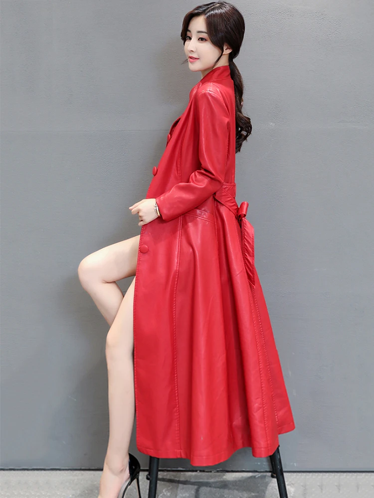 New Women Long Leather Coat Autumn 2024 Fashion Single Breasted Slim Waist Sheepskin Leather Jacket Split Leather Winter Coat