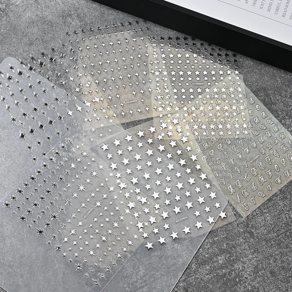 6개/세트 메탈 실버 스타 네일 스티커 3D 쉬머 스타버스트 크로스 스타라이트 네일 아트 데칼 Y2K 펜타그램 매니큐어 장식