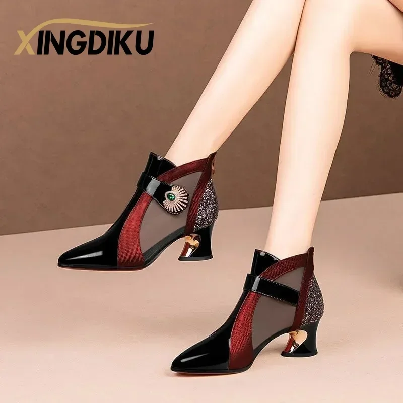 Women Sandals Summer Mesh Breathable Rhinestone Decoration Shaped Heels Retro British Style