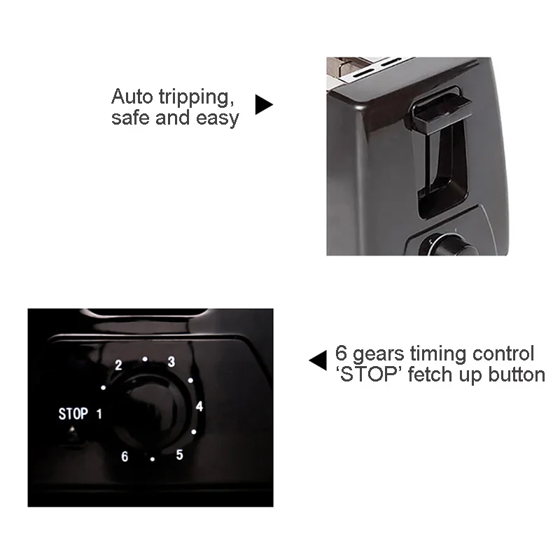 Fast Heating Bread Toaster Machine Stainless Steel 2 Slot 6 Modes Automatic Bounce Breakfast Maker Oven Baking Home Appliance