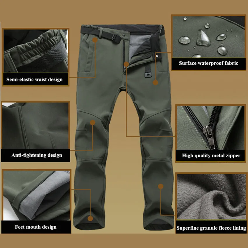 Winter Mens Fleece Warm Hiking Soft Shell Pants Outdoor Sport Waterproof Windproof Camping Fishing Skiing Trekking Trousers PM24 hiking pants fleece pants