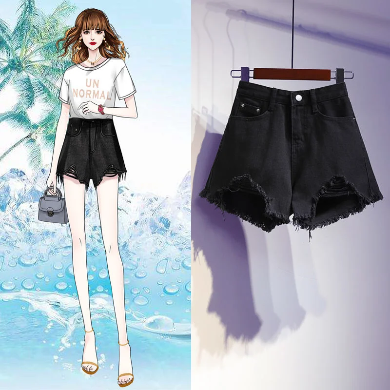 Summer Korean Women Baggy Jeans Shorts Streetwear Ripped Hole Wide Leg Denim Shorts Sexy Loose High Waist Shorts  5XL