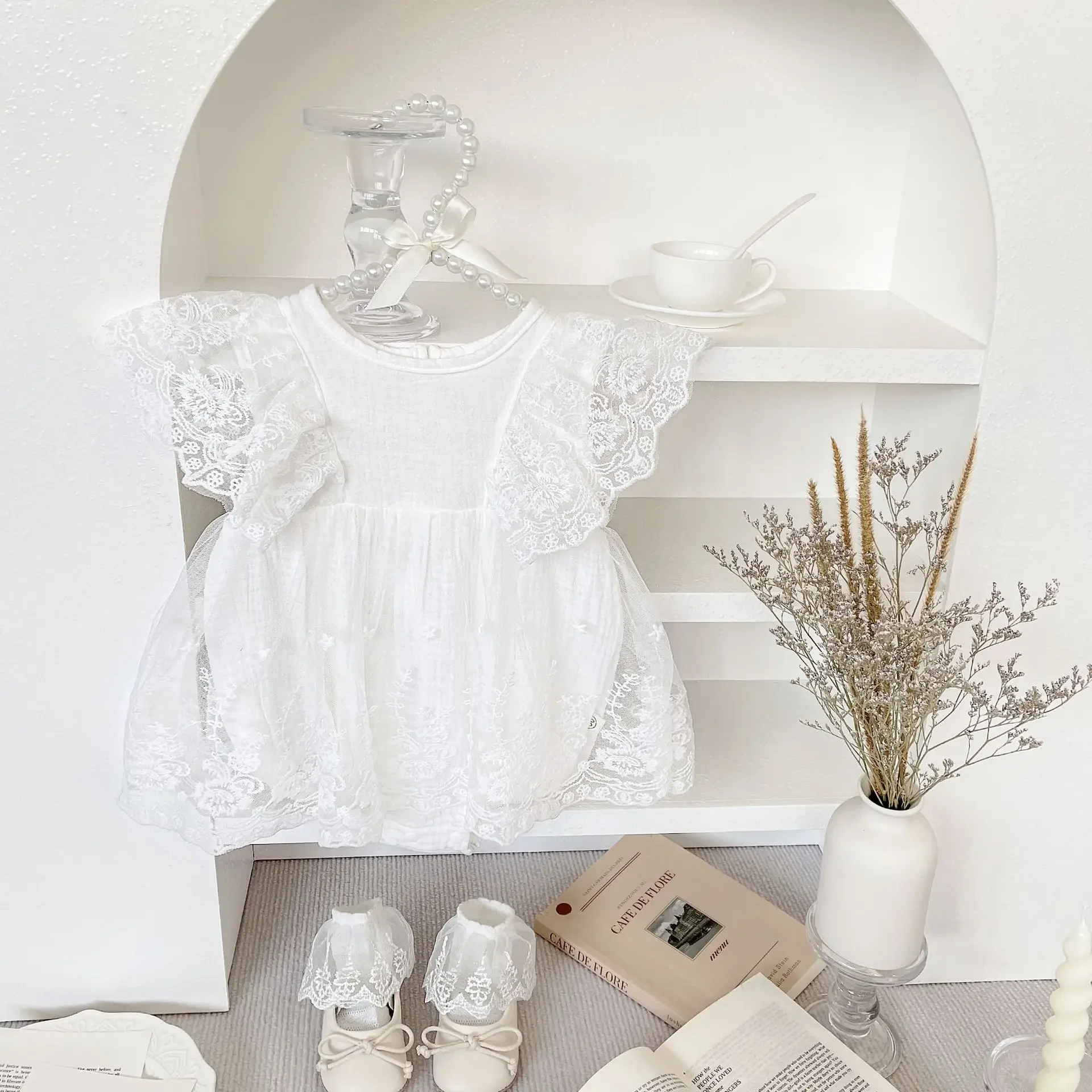 Sweet Baby Girl Summer Dress Sleeveless Lace Triangle Mesh Skirt Newborn Flower Trim Bottom Covering Clothes Baby Romper