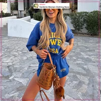 Preppy Style 2 pièces bleu ensemble court pour femmes effet délavé texte coton manches courtes sweat et cordon de serrage ceinture Shorts 2