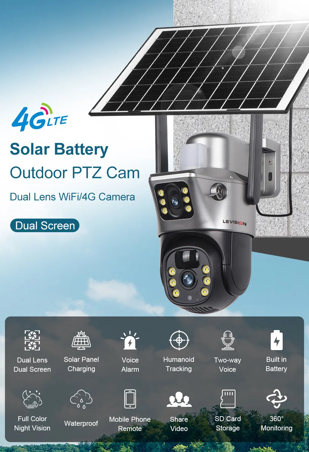 12MP 4G/WiFi Solar Camera Dual Screen Three Lens 10X Zoom Outdoor Surveillance C