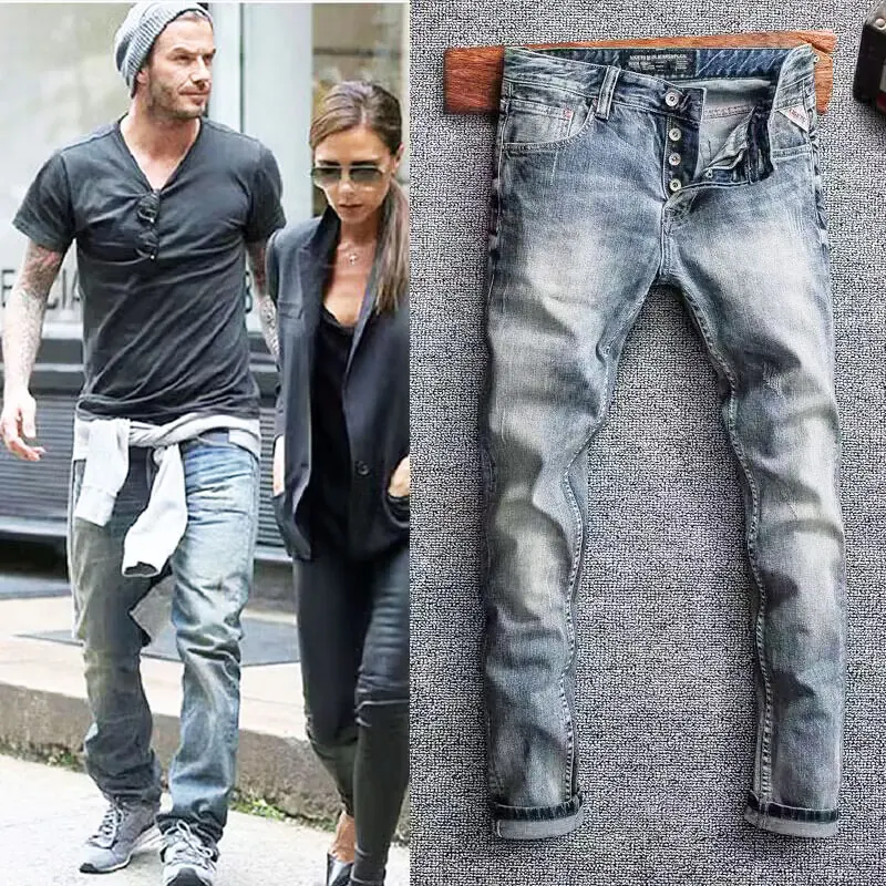 Streetwear Fashion Men Jeans Retro Light Blue Stretch Slim Fit Ripped Jeans Men Buttons Fly VIntage Designer Denim Pants Hombre