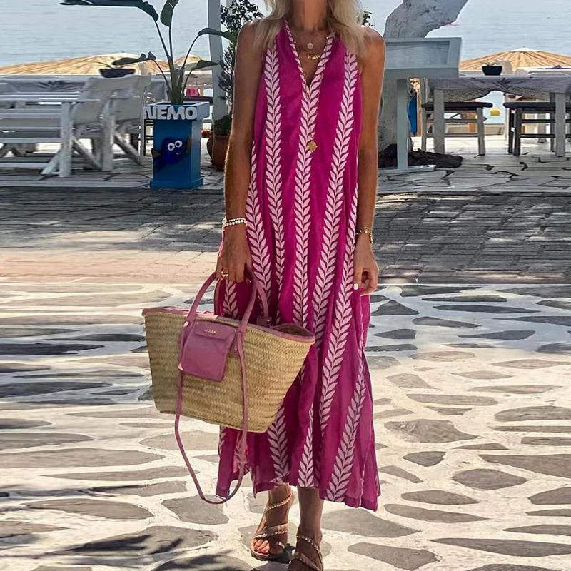 

Casual Print V-neck Holiday Dress 2024 New Loose Women's Sleeveless Vest Dress Fashion Patchwork Bohemian Long Dresses Vestidos