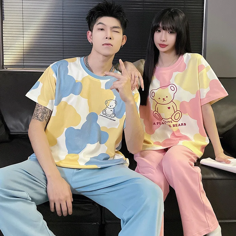 Couples Cotton Sleepwear Short Sleep Tops & Long Pant Pajamas Set for Men and Women Matching Nightwear Korean Fashion Homewear