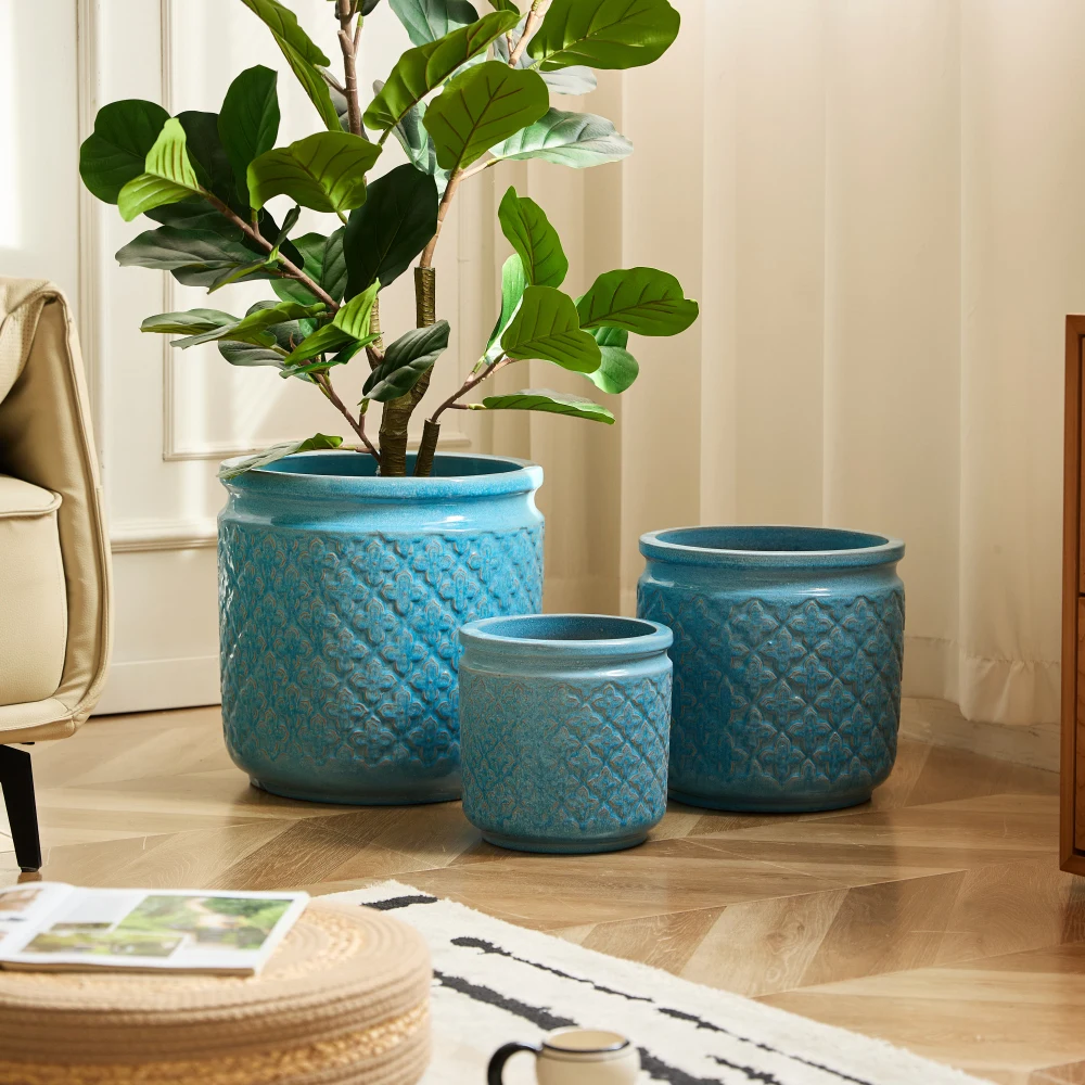3-teiliges Set Blaue Atmungsaktive Keramik-Blumentöpfe Ø38,1/30,5/22,9cm Orchideen-Pflanzgefäß für Innen- und Außenbereich Heim- und Gartendekoration – Detail 5