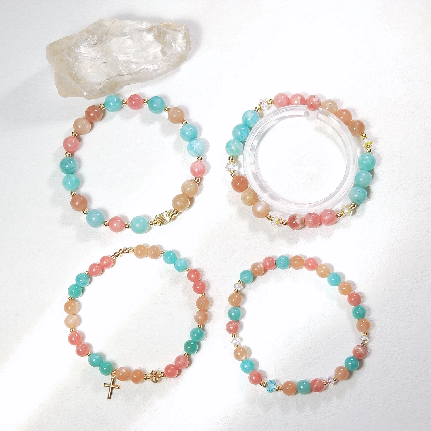 

Lii Ji Natural Stone Sunstone Amazonite Rhodochrosite 6/8mm With Crystal American 14K Gold Filled Elastic Bracelet