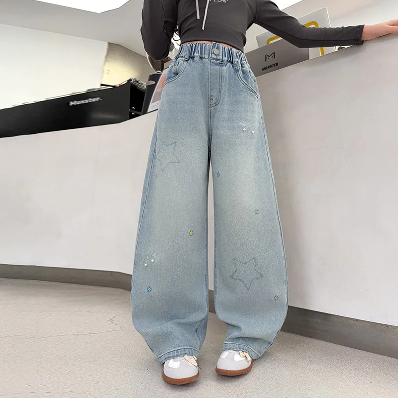 신상품 봄 가을 여아용 별무늬 루즈핏 스트레이트 진 트렌디 데님 팬츠 아동 패션 계절 바지