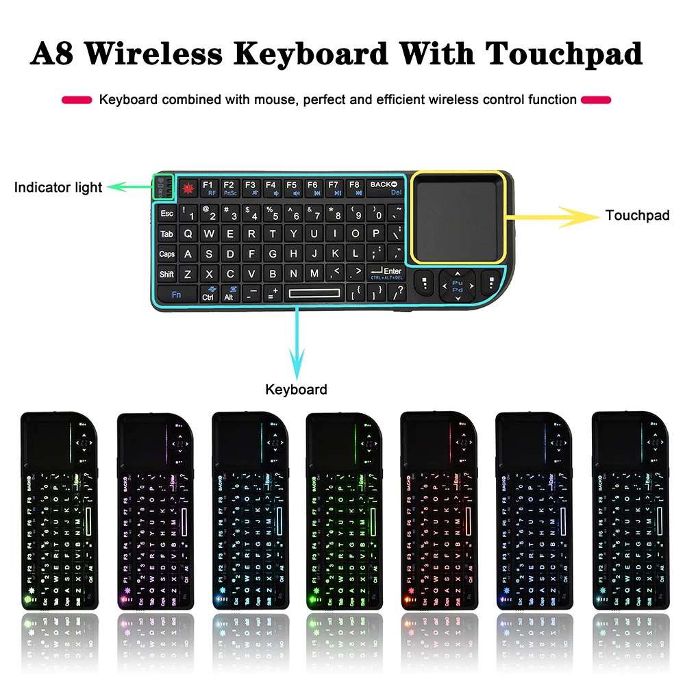 2.4G Wireless Keyboard with Touchpad RGB Color Gaming Keyboard Portable Mini Keyboard English/Russian for Laptop TV Box Meeting
