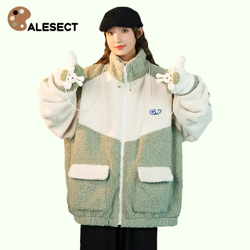 

CALESECT 2022 Women Cute Patchwork Jacket Kawaii Gloves Oversized Winter Coat Warm Streetwear Lambswool Loose Fashion Outwear