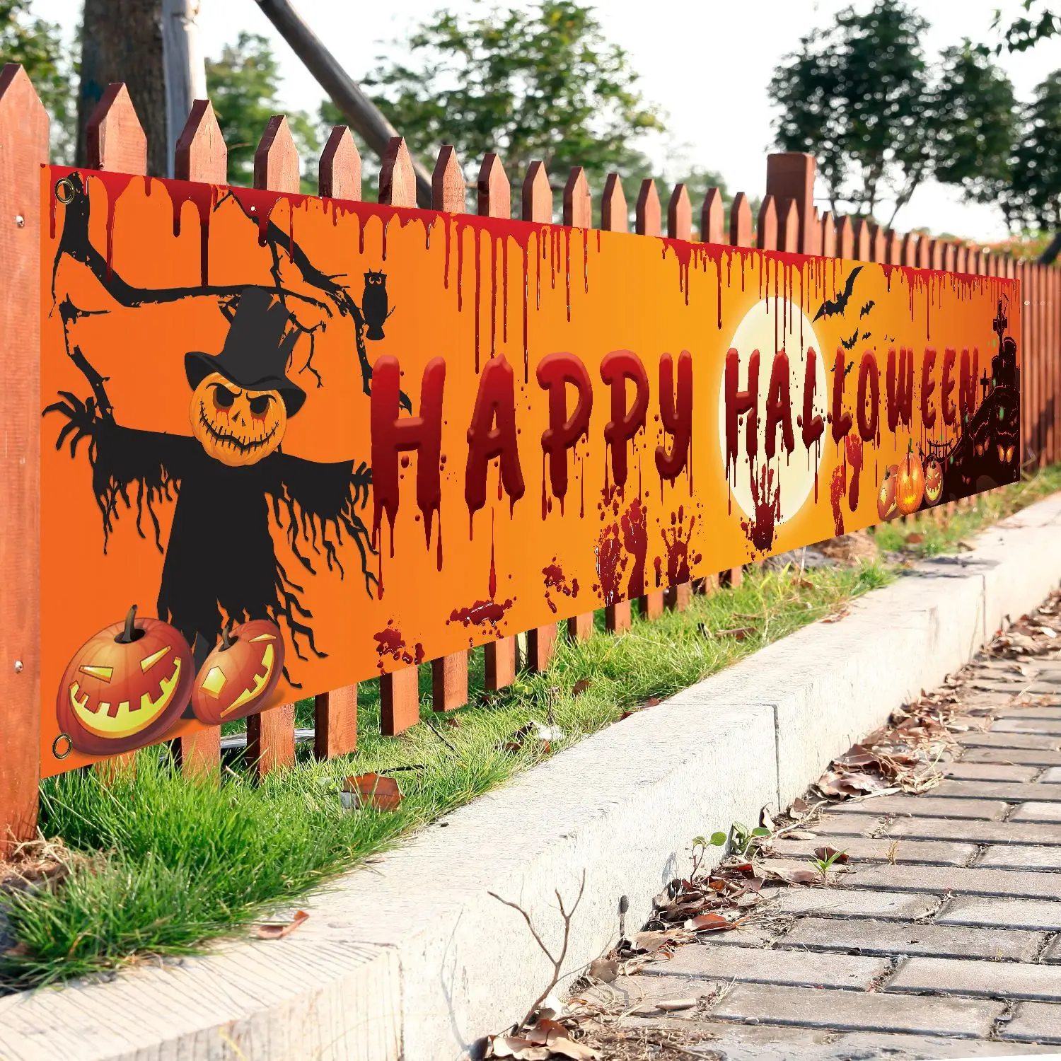 Happy Halloween Banner 250cm lange hängende Halloween Banner mit Kürbis Terror blutigen Handabdruck Dekor für Hof Indoor Outdoor