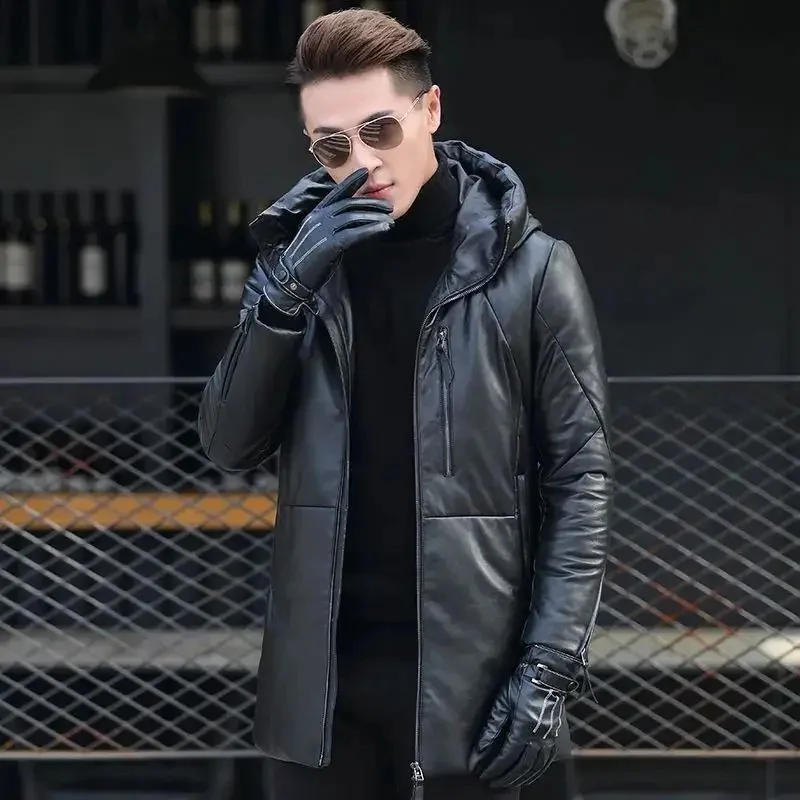 

Winter Genuine Leather Hooded Down Jacket Men High Quality Thicken Puffer Luxury Duck Coat Sheepskin Male