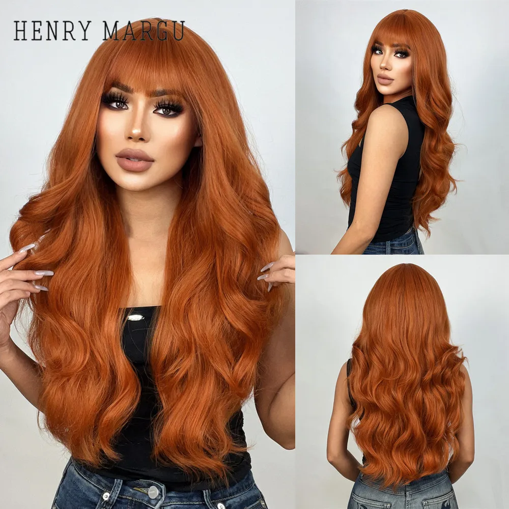 HENRY MARGU Long Wavy Orange Wigs With Bangs for Women Natural Looking Synthetic Hair Heat Resistant Wig for Daily Party Cosplay henry margu brown short straight synthetic natural wigs for women with bangs daily cosplay party heat resistant fiber wigs