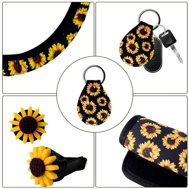 

Sunflower Steering Wheel Cover Set Fashion Cute Elastic breathable absorbent handle cover with Keychain Car Interior Accessories