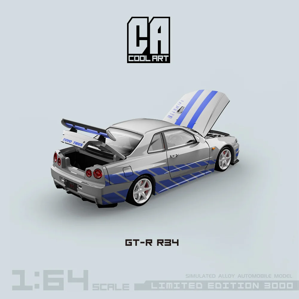 TIME MICRO/COOL ART 1:64 GTR-R34 Paul Blue Silver Flower Car Open Cover Model Car for Collection & Display & Gift 5