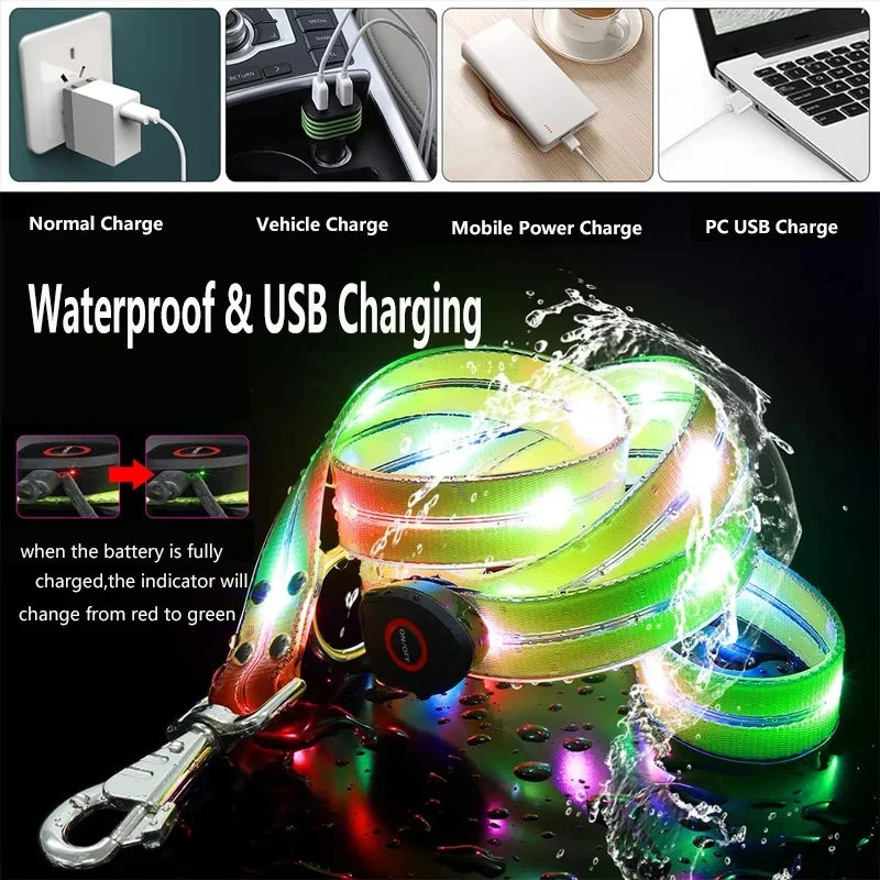 Led Light Up Dog Leash Walking Safety Glow in The Dark USB Rechargeable Adjustable Dog Leash Dog Collar Pet Collar Large Medium Small Pet