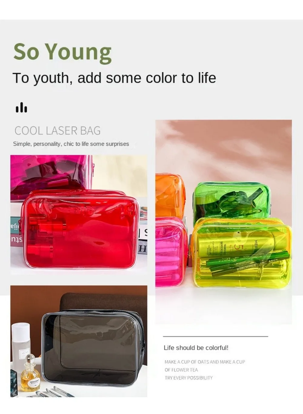 Bunte transparente Kosmetiktasche für Damen, Make-up-Tasche, PVC-Gelee-Kulturbeutel, große Kapazität, Reise-Kosmetik-Organizer, Make-up-Tasche – Detail 3