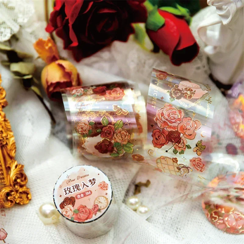 1Roll Tape Vintage Rose Decoration Adhesives Round Roll PET Handbook Material Scrapbook Cut Supplies 45MM*30CM 2