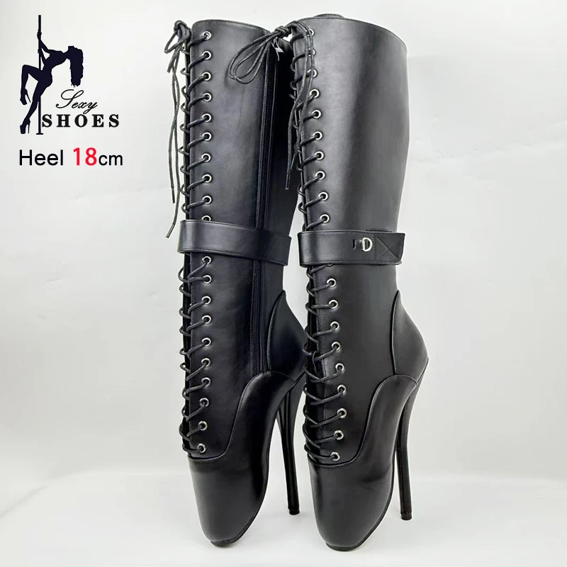 18CM Ultra high heel Matte Black Ballet Boots Women Lockable Knee High Boots Lock Wrap Strap Custom Fetish SM Large Size Shoes