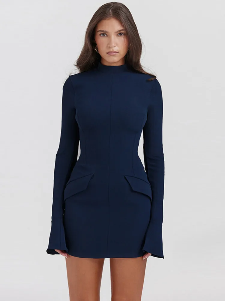 Dark Blue Two Pocket Sexy Mini Dress For Women 2025 Autumn Winter New Long Sleeve Bodycon Club Party Dress Elegant