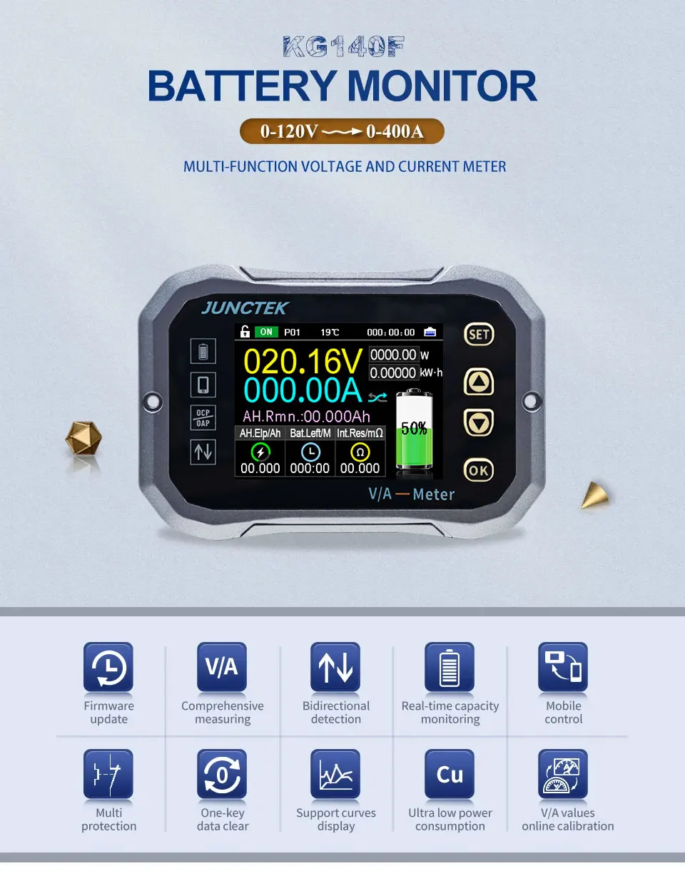 JUNCTEK KG-F DC battery monitor with display and shunt