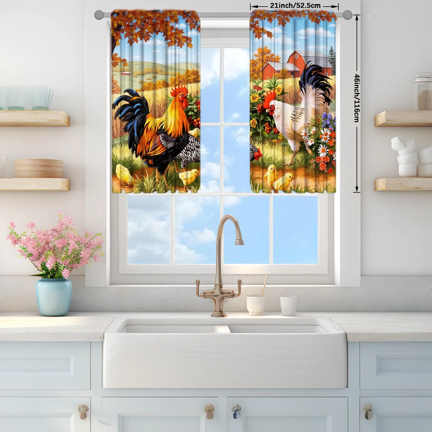 2pcs American Retro Country Rooster Decorative Curtains, Sunshade and Privacy-protecting Pole Curtains 5