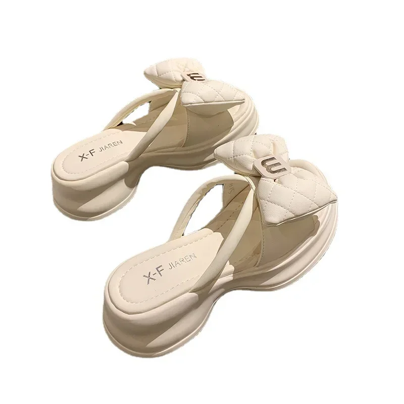 2024 New Korean Edition Casual Beach Shoes Versatile Thick Sole Sandals Women's Shoes Bow Slippers Women's Outwear Summer