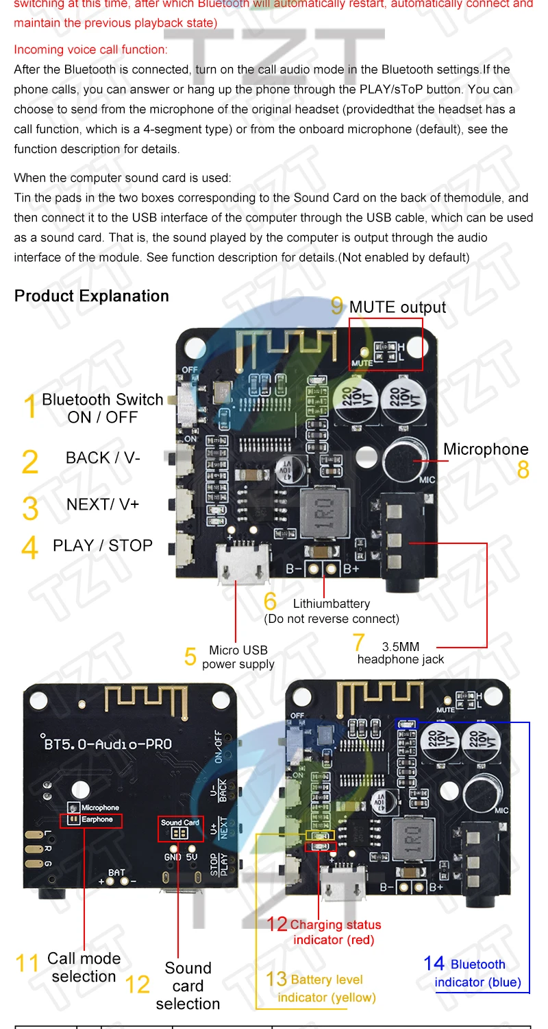 TZT 1/3 Stück Bluetooth-5.0 Decoder Audio-Board BT5.0 PRO MP3 Verlustfreier Player Stereo-Musikverstärker-Modul mit Gehäuse – Detail 10