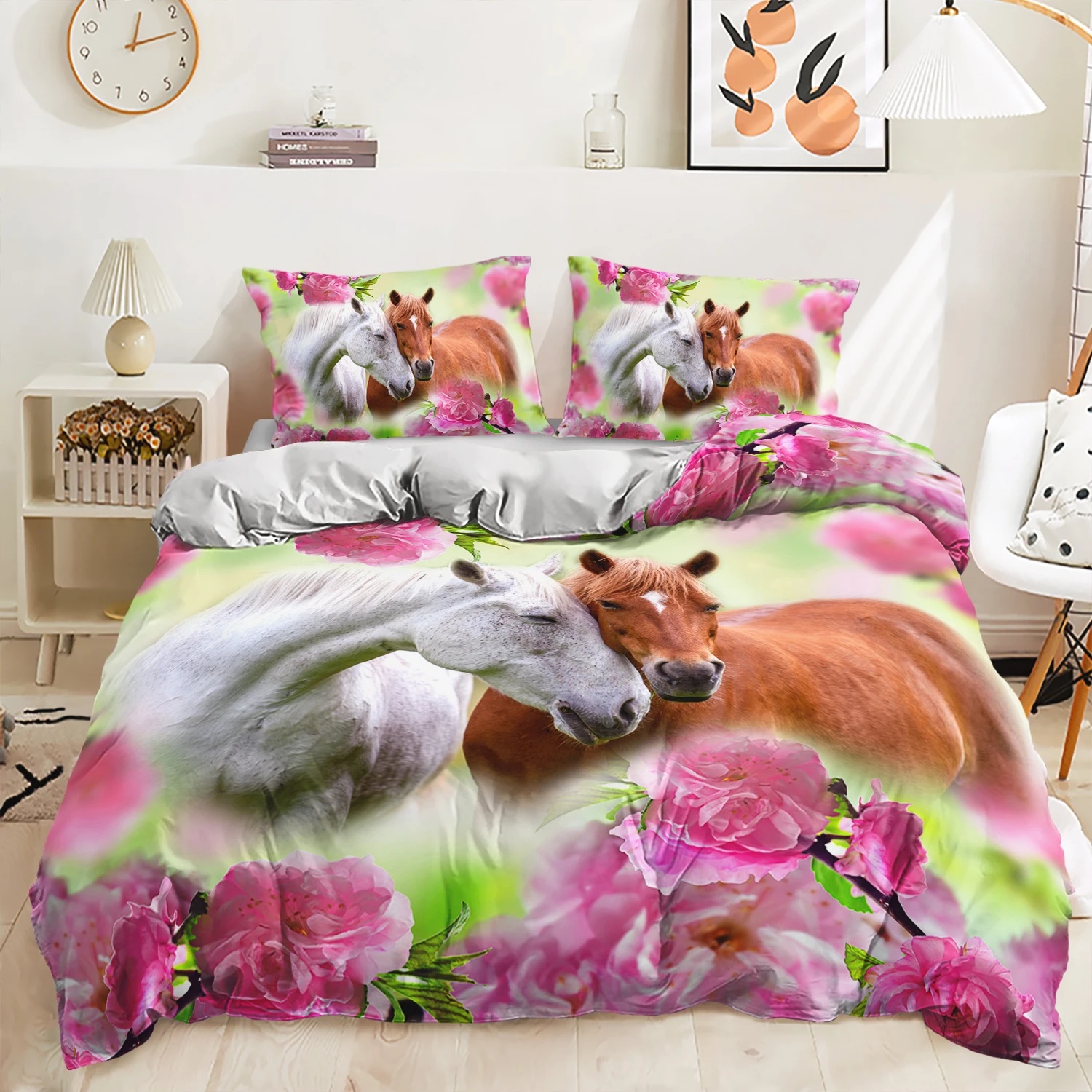 

White Horse Bedding Set Pink Flower Duvet Cover Animal Home Textile with Pillowcases Twin Full Queen King Single Double Size 3pc