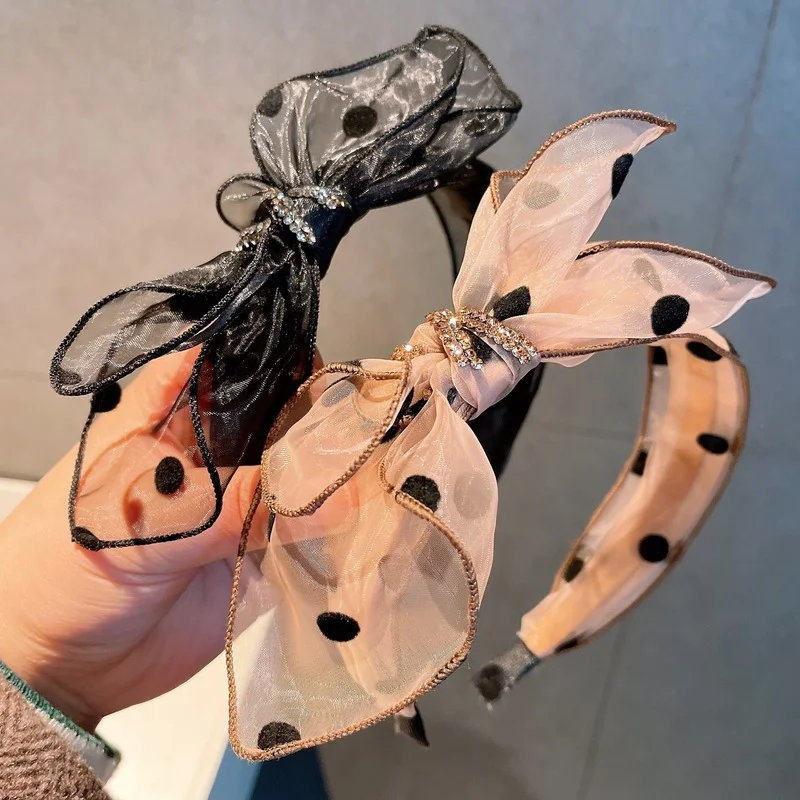 

Korean jewelry ~ retro organza polka dot bow full diamond hairpin temperament net celebrity ins headband female all-match