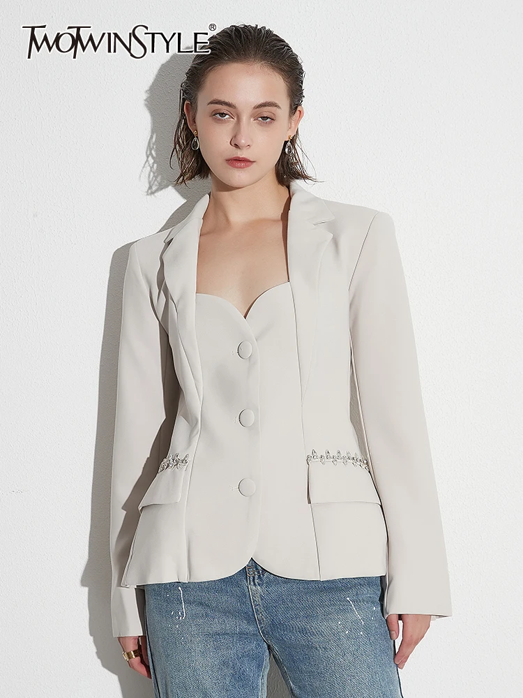 

TWOTWINSTYLE Hollow Out Backless Casual Blazers For Women Notched Collar Long Sleeve Spliced Button Designer Blazer Female New