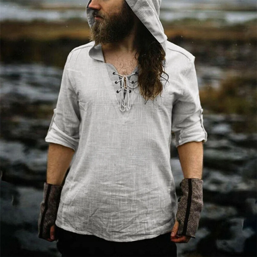Summer Foreign Trade New Cross-border Cotton and Linen Long-sleeved Half-button V-neck Tie Collar Big Hooded Youth Shirt