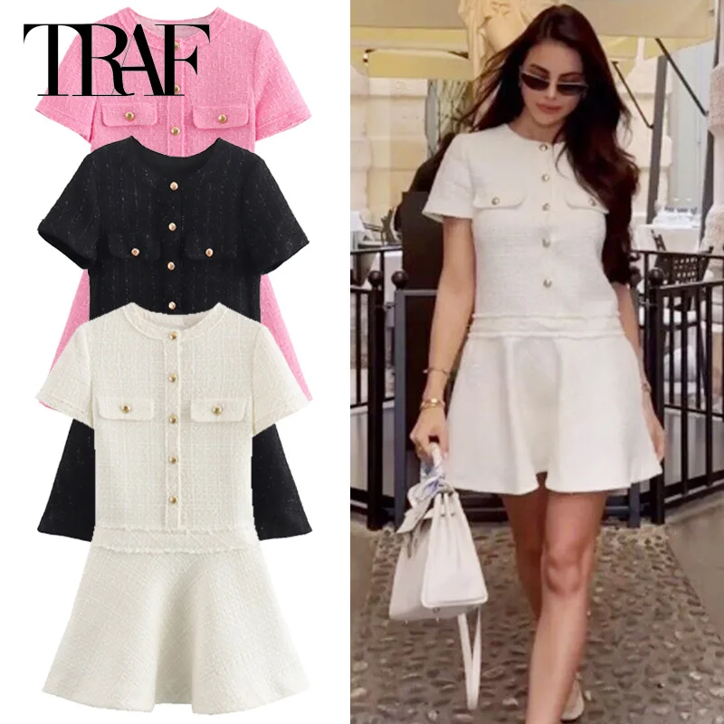 TRAF 2025 Women's Dress Mini Textured Dresses Summer Elegant Solid Button Short Sleeve Vestidos Fashion High Quality Dresses 066