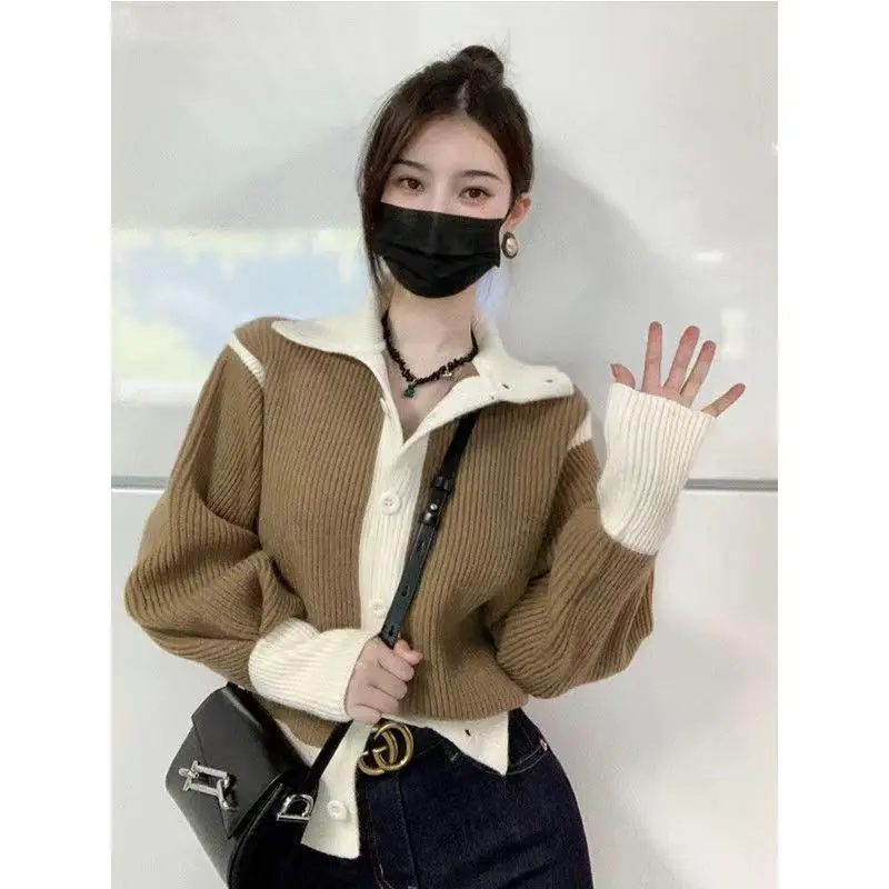 

Autumn New Hong Kong Style Chic Contrast Color Design Senses Small Crowd Sweater Coat Fashion Versatile Knitted Cardigan Top