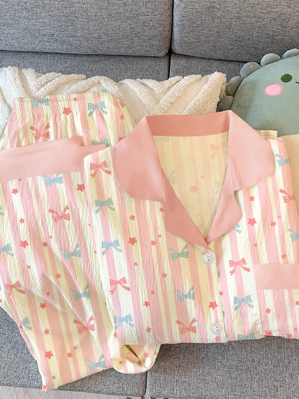 Girls Stripe Sleepwear Women's  Knot Star Long Sleeve Long Pants Korean Style Sweet Crepe Home Clothes Set